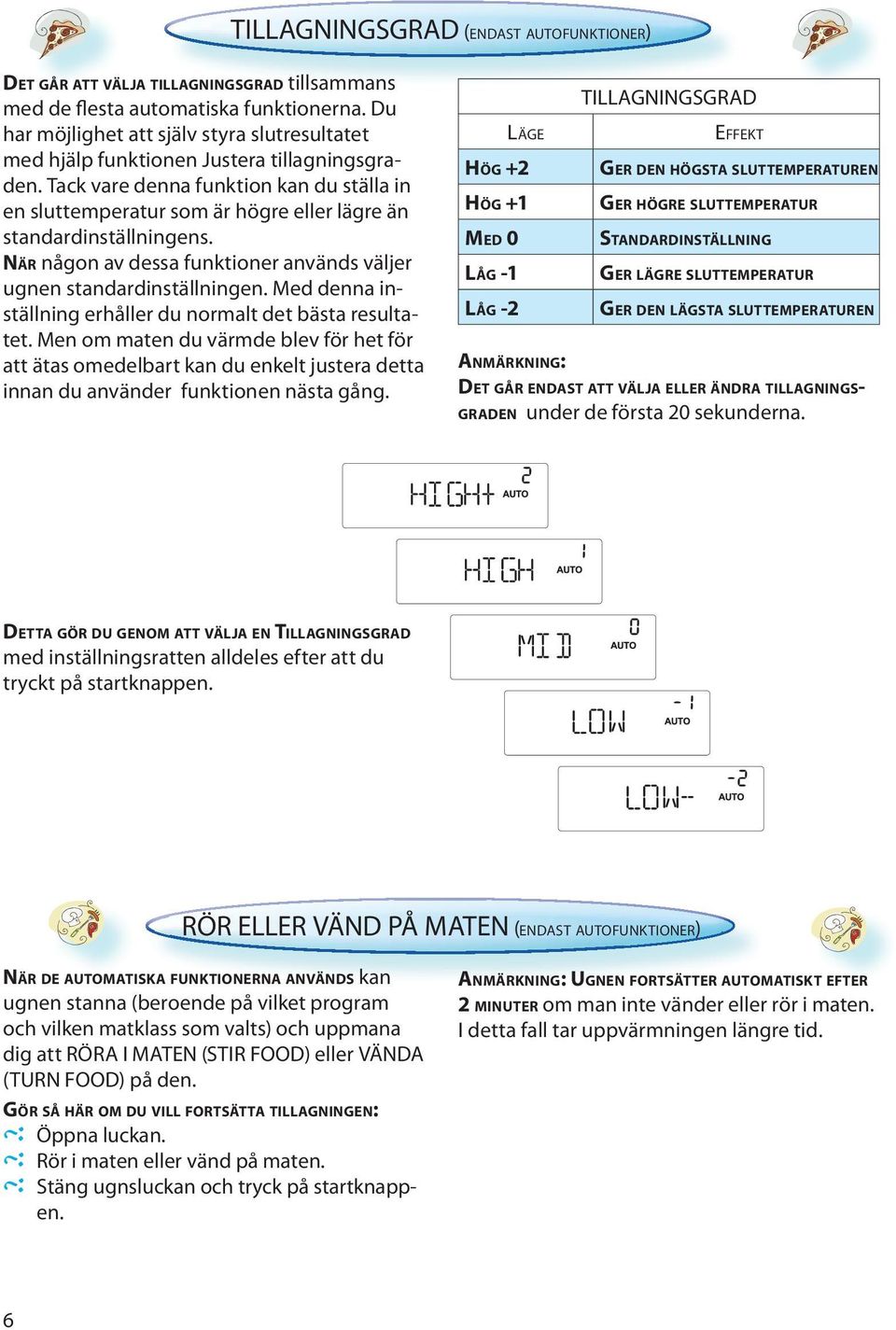 Tack vare denna funktion kan du ställa in en sluttemperatur som är högre eller lägre än standardinställningens. NÄR någon av dessa funktioner används väljer ugnen standardinställningen.
