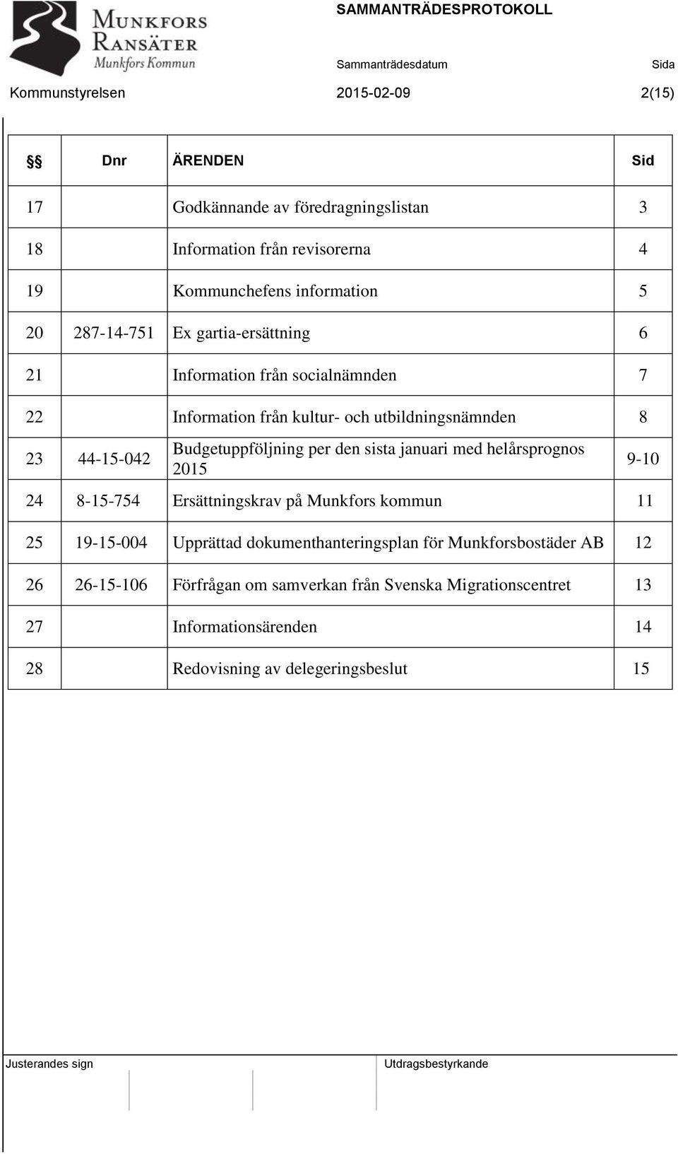 Budgetuppföljning per den sista januari med helårsprognos 2015 24 8-15-754 Ersättningskrav på Munkfors kommun 11 25 19-15-004 Upprättad