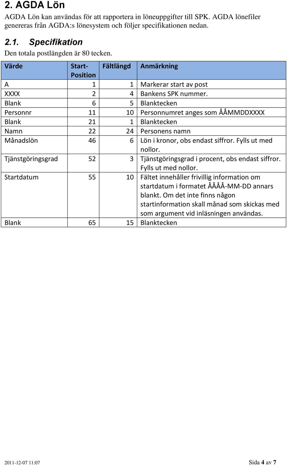 Blank 6 5 Blanktecken Personnr 11 10 Personnumret anges som ÅÅMMDDXXXX Blank 21 1 Blanktecken Namn 22 24 Personens namn Månadslön 46 6 Lön i kronor, obs endast siffror. Fylls ut med nollor.