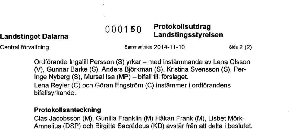 Gunnar Barke (S), Anders Björkman (S), Kristina Svensson (S), Per Inge Nyberg (S), Mursal Isa (MP) - bifall till förslaget.