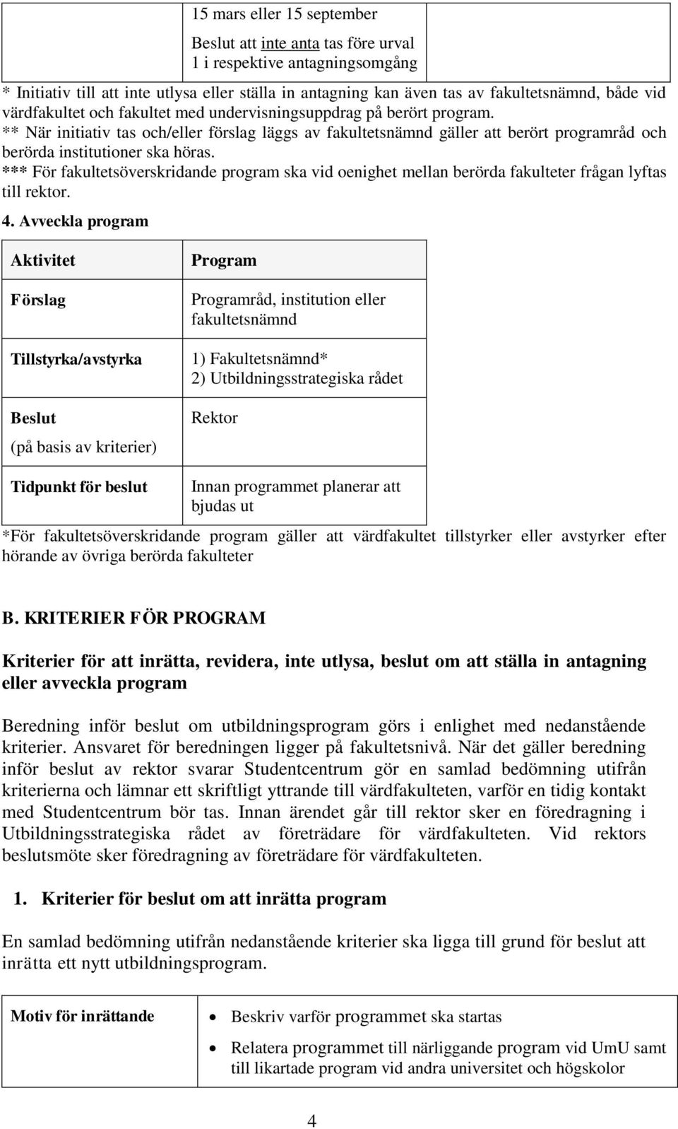 *** För fakultetsöverskridande program ska vid oenighet mellan berörda fakulteter frågan lyftas till rektor. 4.