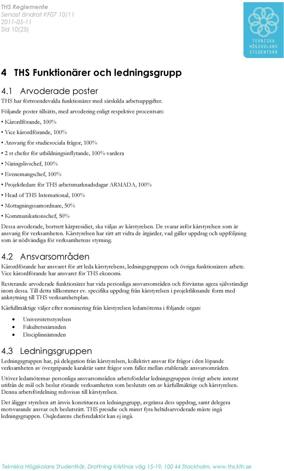 100% vardera Näringslivschef, 100% Evenemangschef, 100% Projektledare för THS arbetsmarknadsdagar ARMADA, 100% Head of THS International, 100% Mottagningssamordnare, 50% Kommunikationschef, 50% Dessa