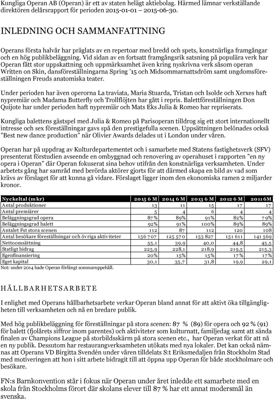 Vid sidan av en fortsatt framgångsrik satsning på populära verk har Operan fått stor uppskattning och uppmärksamhet även kring nyskrivna verk såsom operan Written on Skin, dansföreställningarna