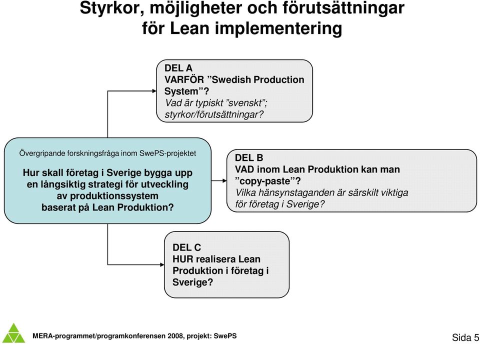 Övergripande forskningsfråga inom SwePS-projektet Hur skall företag i Sverige bygga upp en långsiktig strategi för utveckling