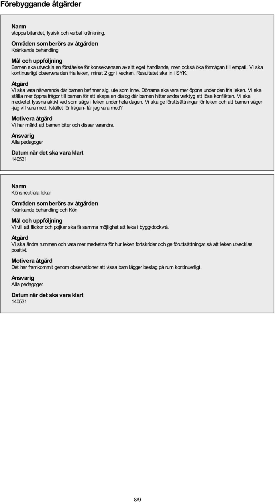 Vi ska kontinuerligt observera den fria leken, minst 2 ggr i veckan. Resultatet ska in i SYK. Åtgärd Vi ska vara närvarande där barnen befinner sig, ute som inne.