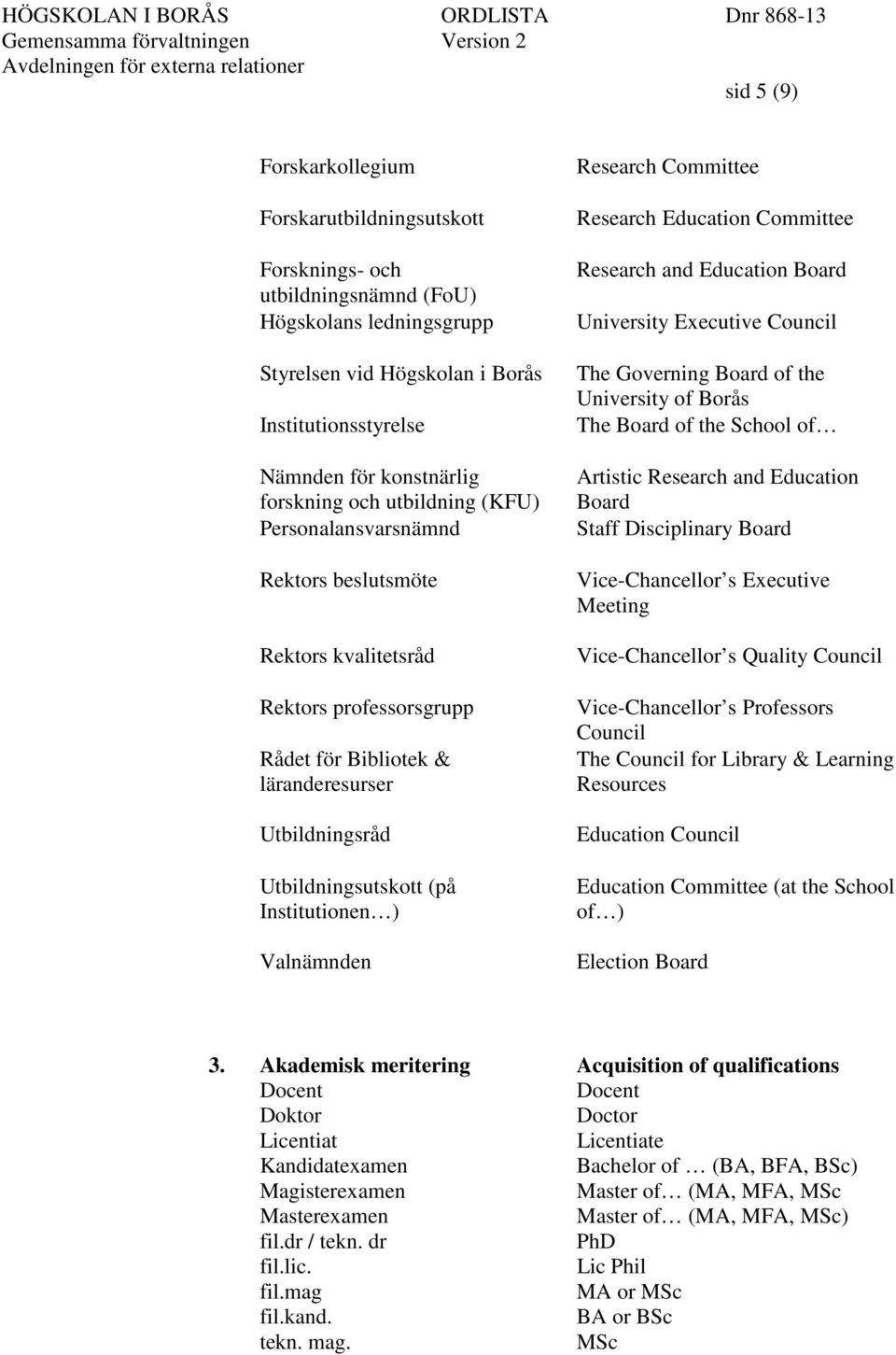 Institutionen ) Valnämnden Research Committee Research Education Committee Research and Education Board University Executive Council The Governing Board of the University of Borås The Board of the