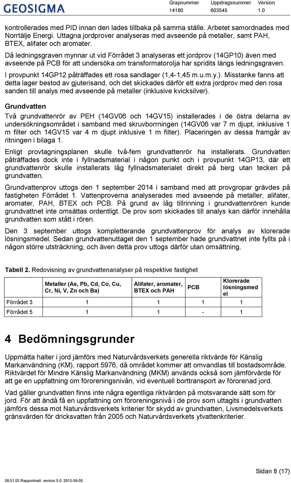 Då ledningsgraven mynnar ut vid Förrådet 3 analyseras ett jordprov (14GP10) även med avseende på PCB för att undersöka om transformatorolja har spridits längs ledningsgraven.