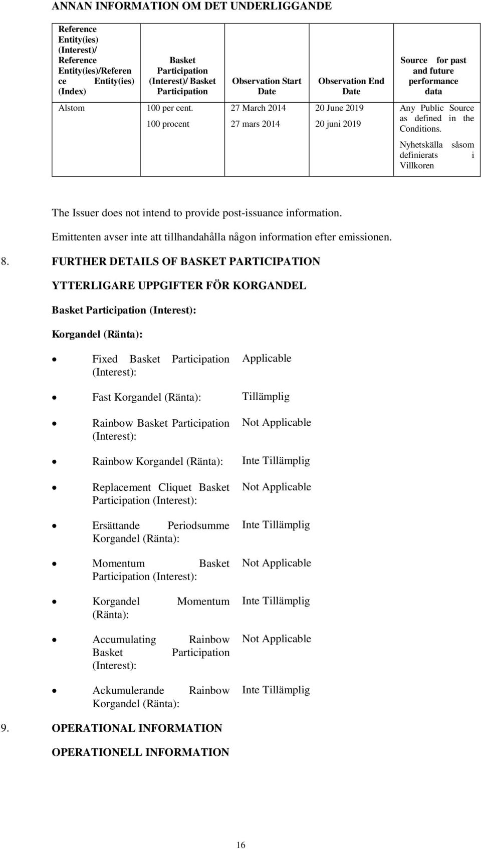 100 procent 27 March 2014 27 mars 2014 20 June 2019 20 juni 2019 Any Public Source as defined in the Conditions.