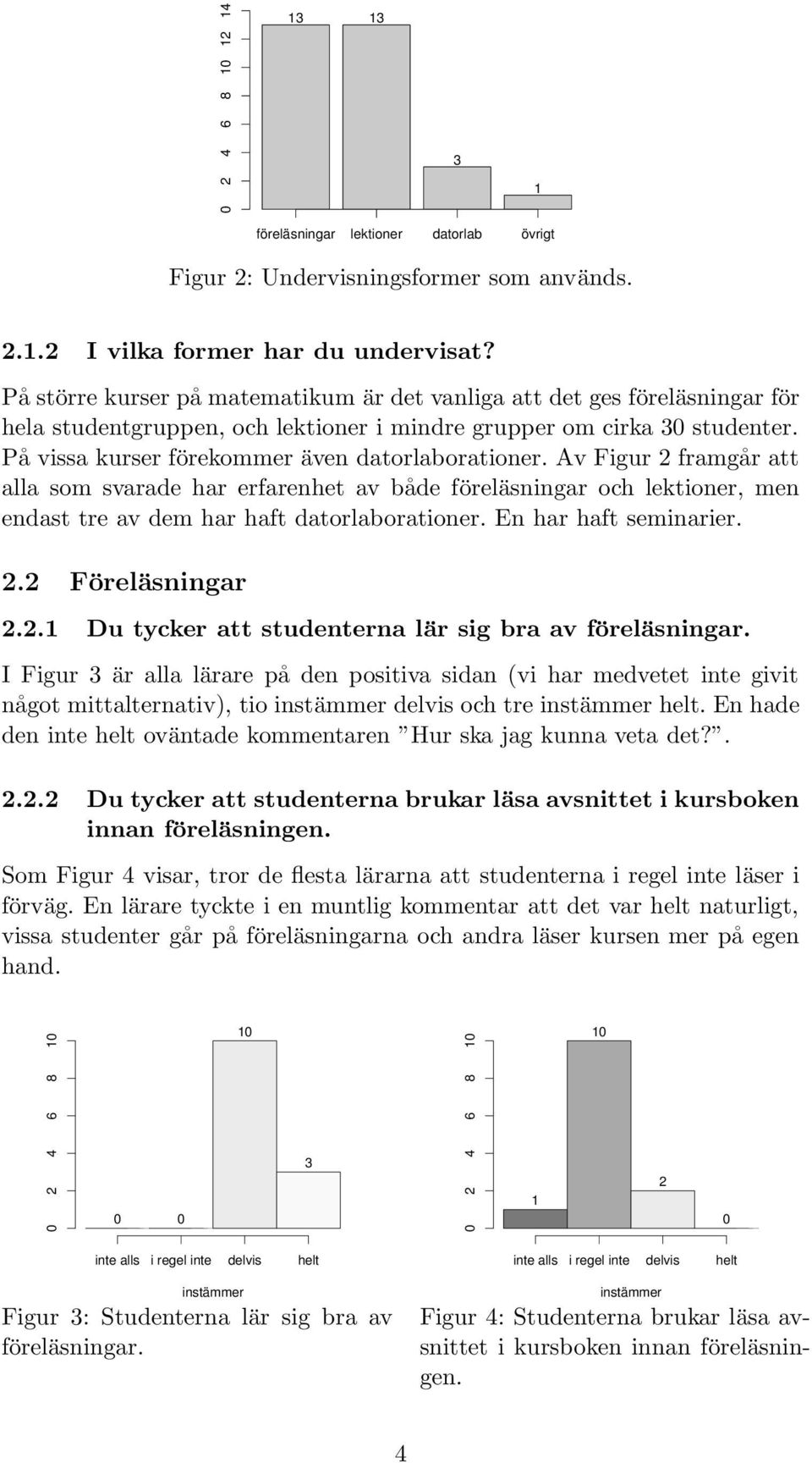 Av Figur 2 framgår att alla som svarade har erfarenhet av både föreläsningar och lektioner, men endast tre av dem har haft datorlaborationer. En har haft seminarier. 2.2 Föreläsningar 2.2. Du tycker att studenterna lär sig bra av föreläsningar.