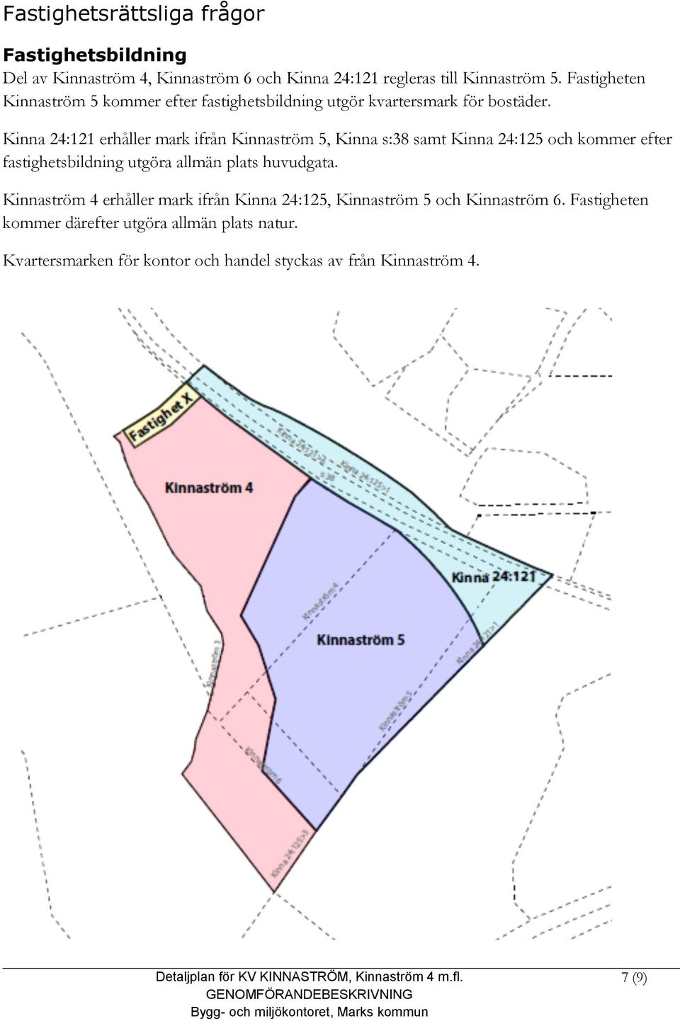 Kinna 24:121 erhåller mark ifrån Kinnaström 5, Kinna s:38 samt Kinna 24:125 och kommer efter fastighetsbildning utgöra allmän plats