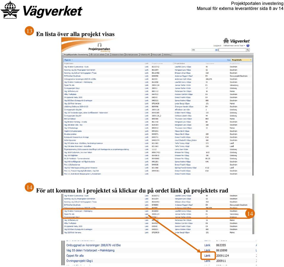 visas 14 För att komma in i projektet så