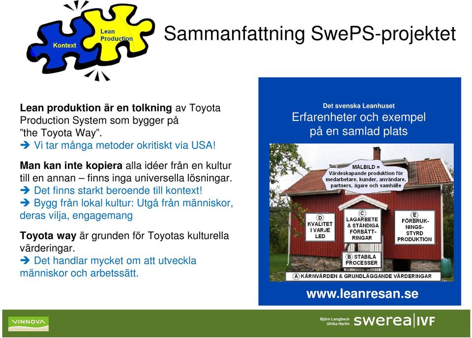 Det svenska Leanhuset Erfarenheter och exempel på en samlad plats Man kan inte kopiera alla idéer från en kultur till en annan finns inga