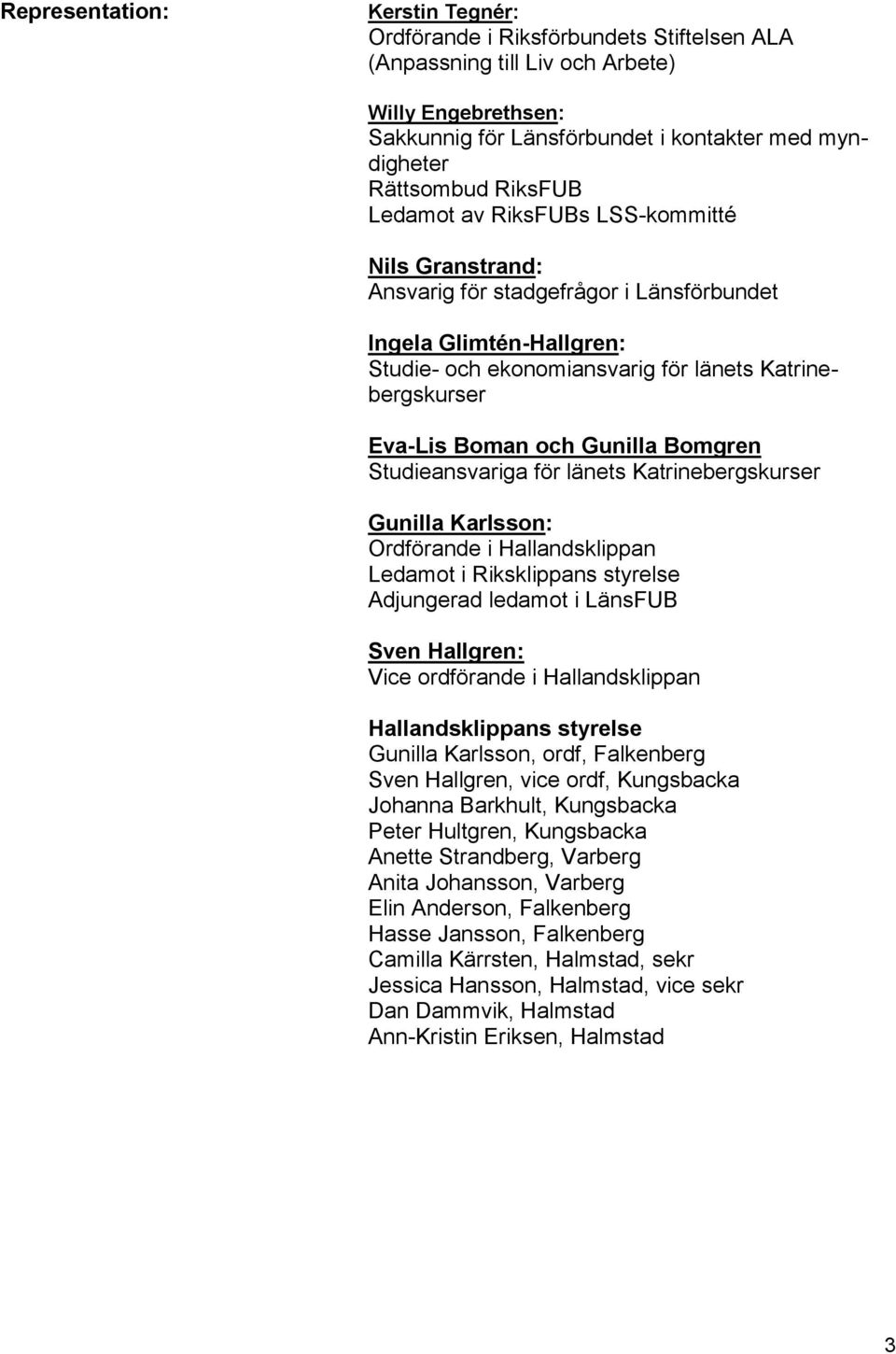 och Gunilla Bomgren Studieansvariga för länets Katrinebergskurser Gunilla Karlsson: Ordförande i Hallandsklippan Ledamot i Riksklippans styrelse Adjungerad ledamot i LänsFUB Sven Hallgren: Vice