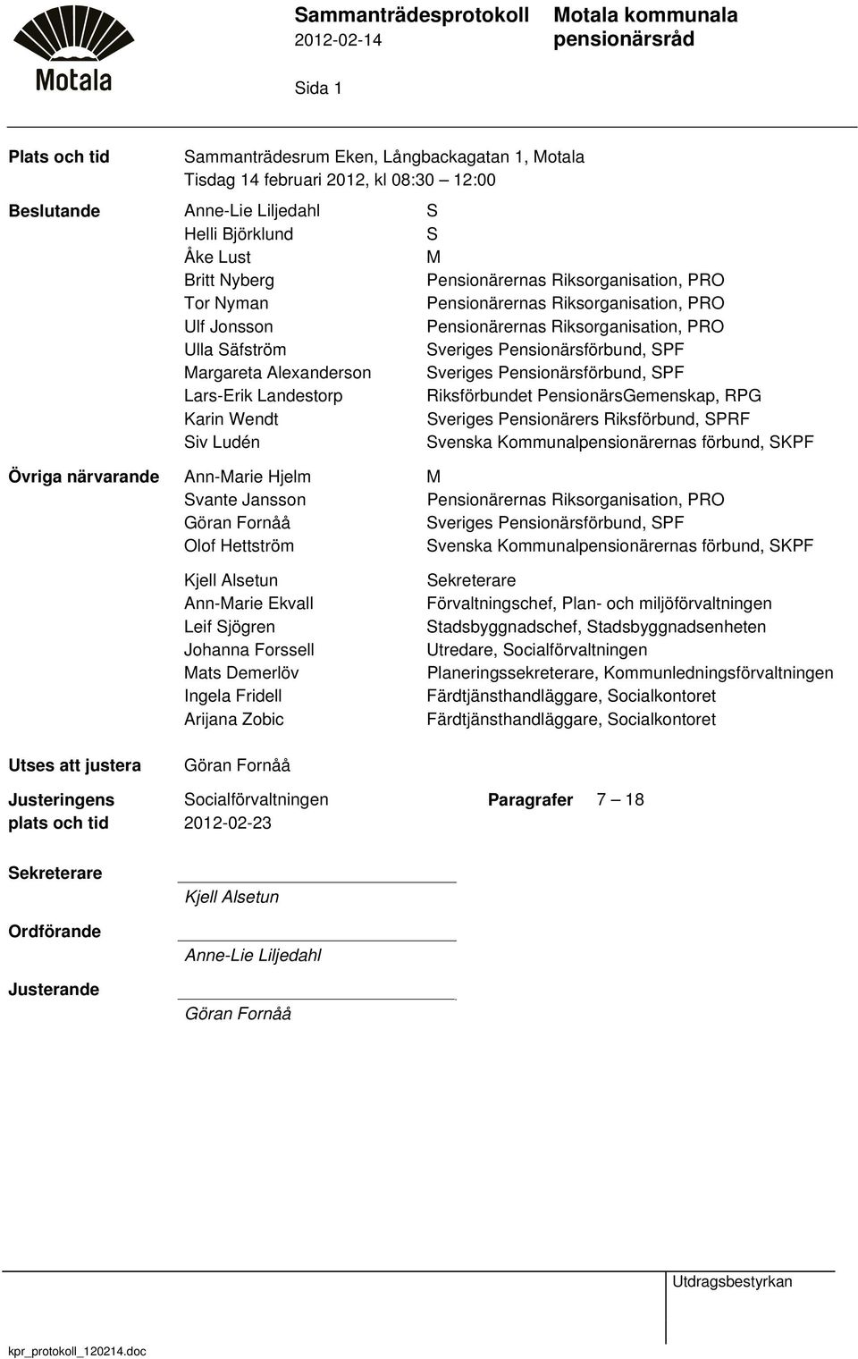 Säfström Sveriges Pensionärsförbund, SPF Margareta Alexanderson Sveriges Pensionärsförbund, SPF Lars-Erik Landestorp Riksförbundet PensionärsGemenskap, RPG Karin Wendt Sveriges Pensionärers