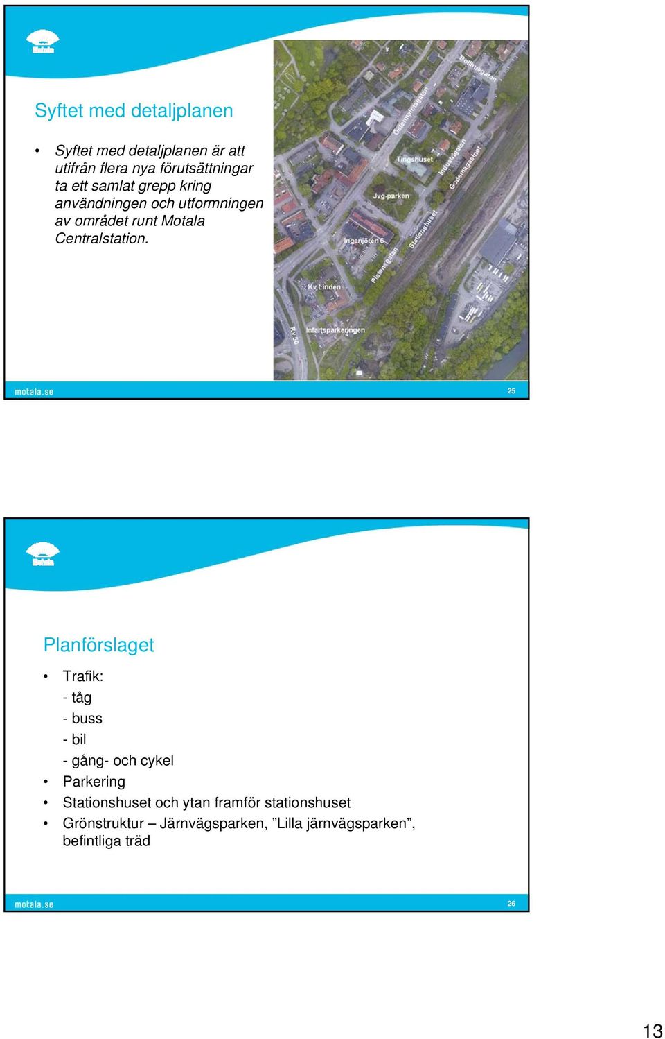 25 Planförslaget Trafik: -tåg -buss -bil - gång- och cykel Parkering Stationshuset och ytan