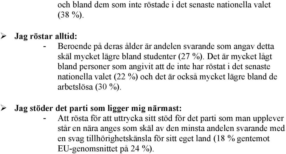 Det är mycket lågt bland personer som angivit att de inte har röstat i det senaste nationella valet (22 %) och det är också mycket lägre bland de