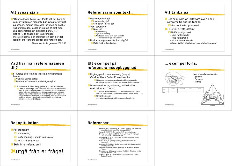 Rienecker & Jørgensen 2002:30 Referensram som text Måste den finnas? I vid mening, ja? Som text? Beror på! Var i uppsatsen? Beror på! Frågeställning Typ av slutledning Måste den finnas som eget avsnitt?