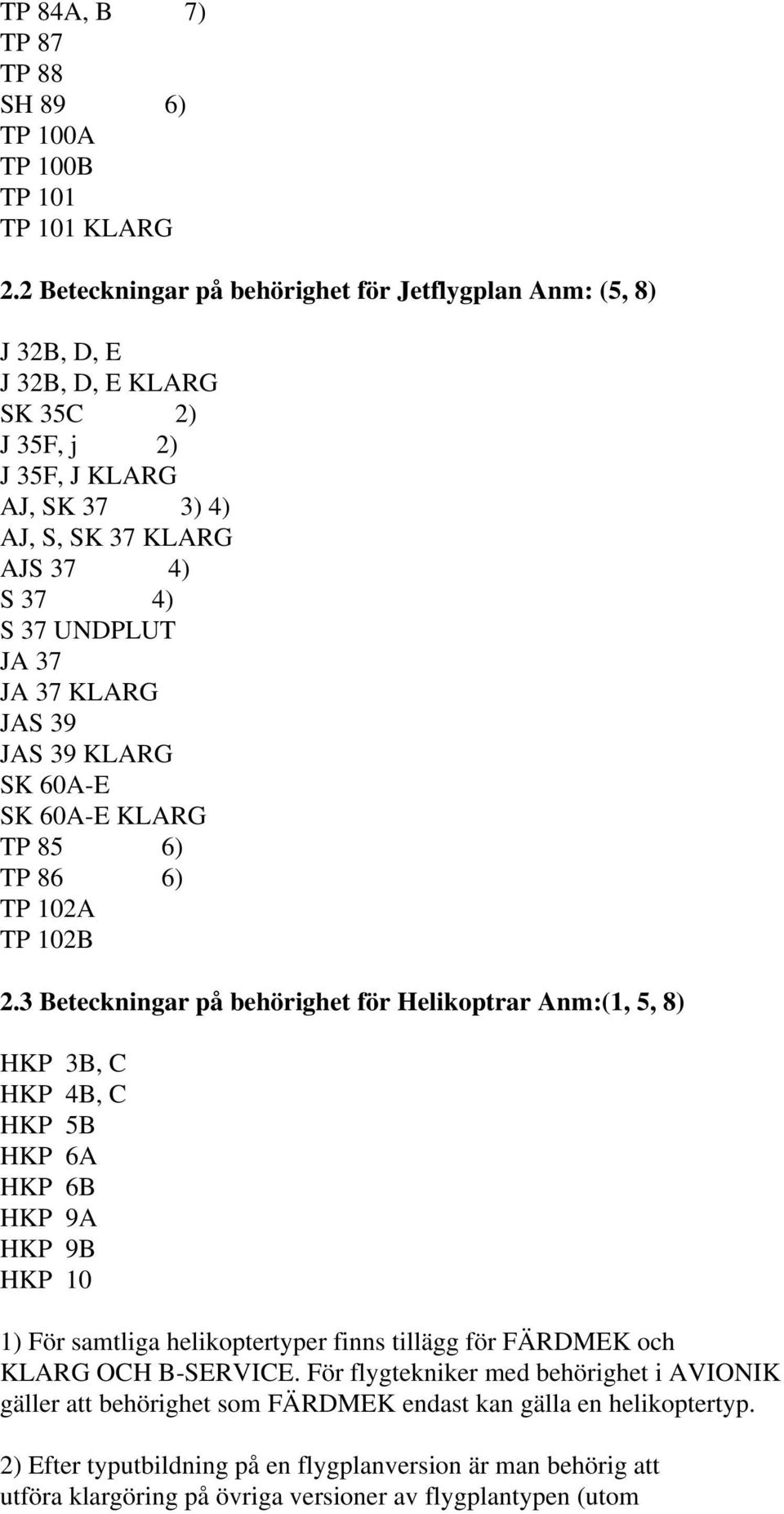 37 KLARG JAS 39 JAS 39 KLARG SK 60A-E SK 60A-E KLARG TP 85 6) TP 86 6) TP 102A TP 102B 2.