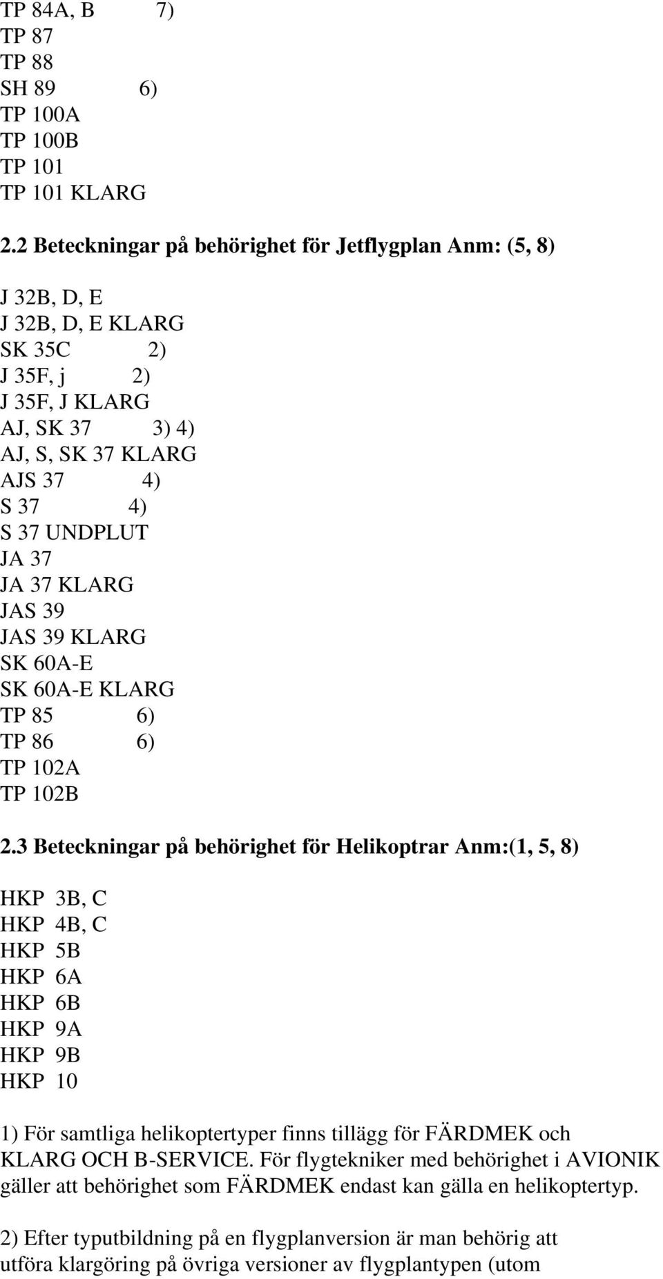 37 KLARG JAS 39 JAS 39 KLARG SK 60A-E SK 60A-E KLARG TP 85 6) TP 86 6) TP 102A TP 102B 2.