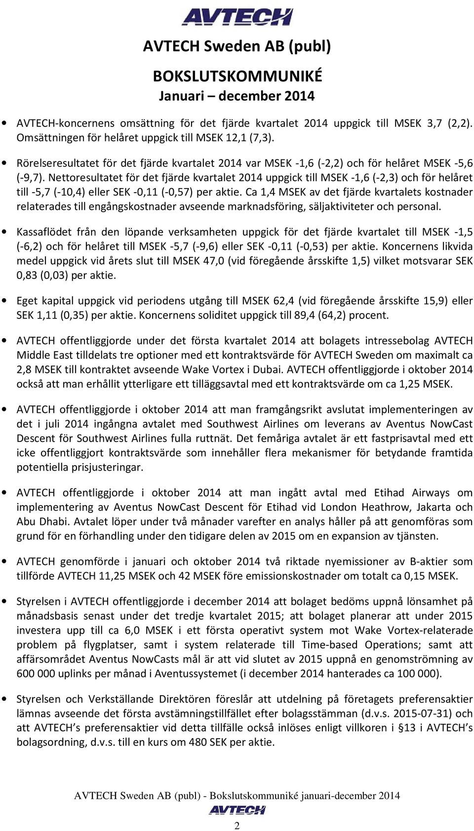 Nettoresultatet för det fjärde kvartalet uppgick till MSEK -1,6 (-2,3) och för helåret till -5,7 (-10,4) eller SEK -0,11 (-0,57) per aktie.