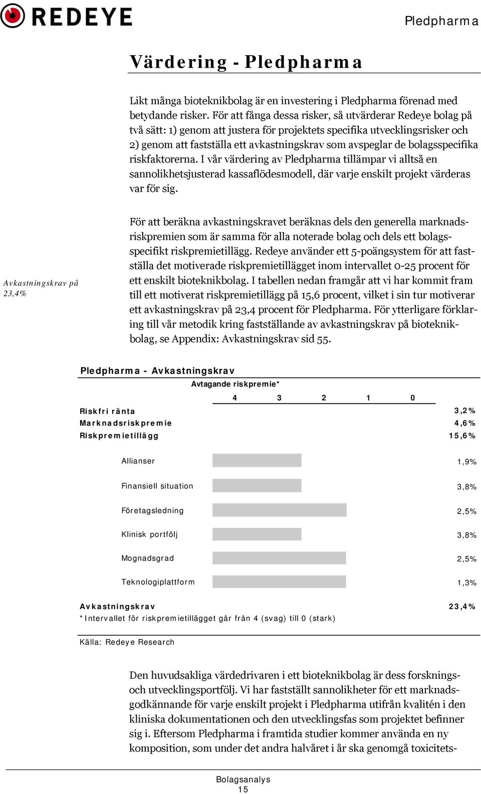 bolagsspecifika riskfaktorerna. I vår värdering av Pledpharma tillämpar vi alltså en sannolikhetsjusterad kassaflödesmodell, där varje enskilt projekt värderas var för sig.