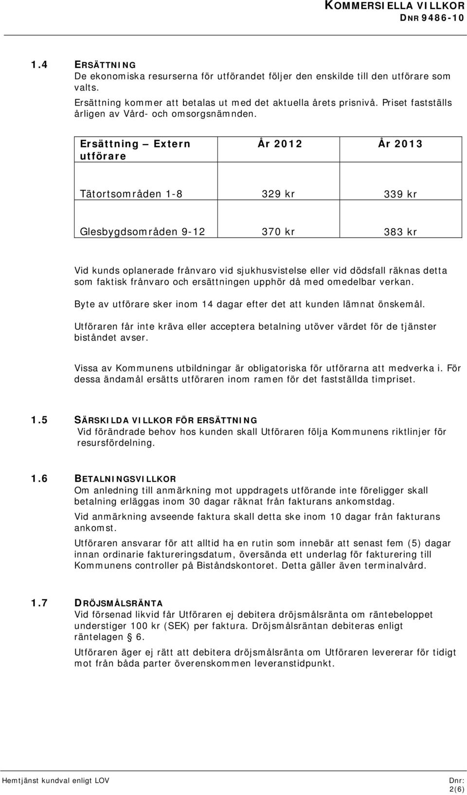 Ersättning Extern utförare År 2012 År 2013 Tätortsområden 1-8 329 kr 339 kr Glesbygdsområden 9-12 370 kr 383 kr Vid kunds oplanerade frånvaro vid sjukhusvistelse eller vid dödsfall räknas detta som