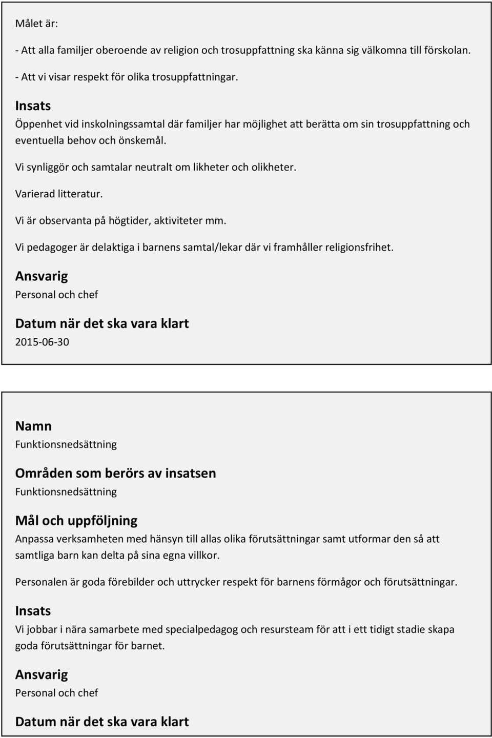 Varierad litteratur. Vi är observanta på högtider, aktiviteter mm. Vi pedagoger är delaktiga i barnens samtal/lekar där vi framhåller religionsfrihet.