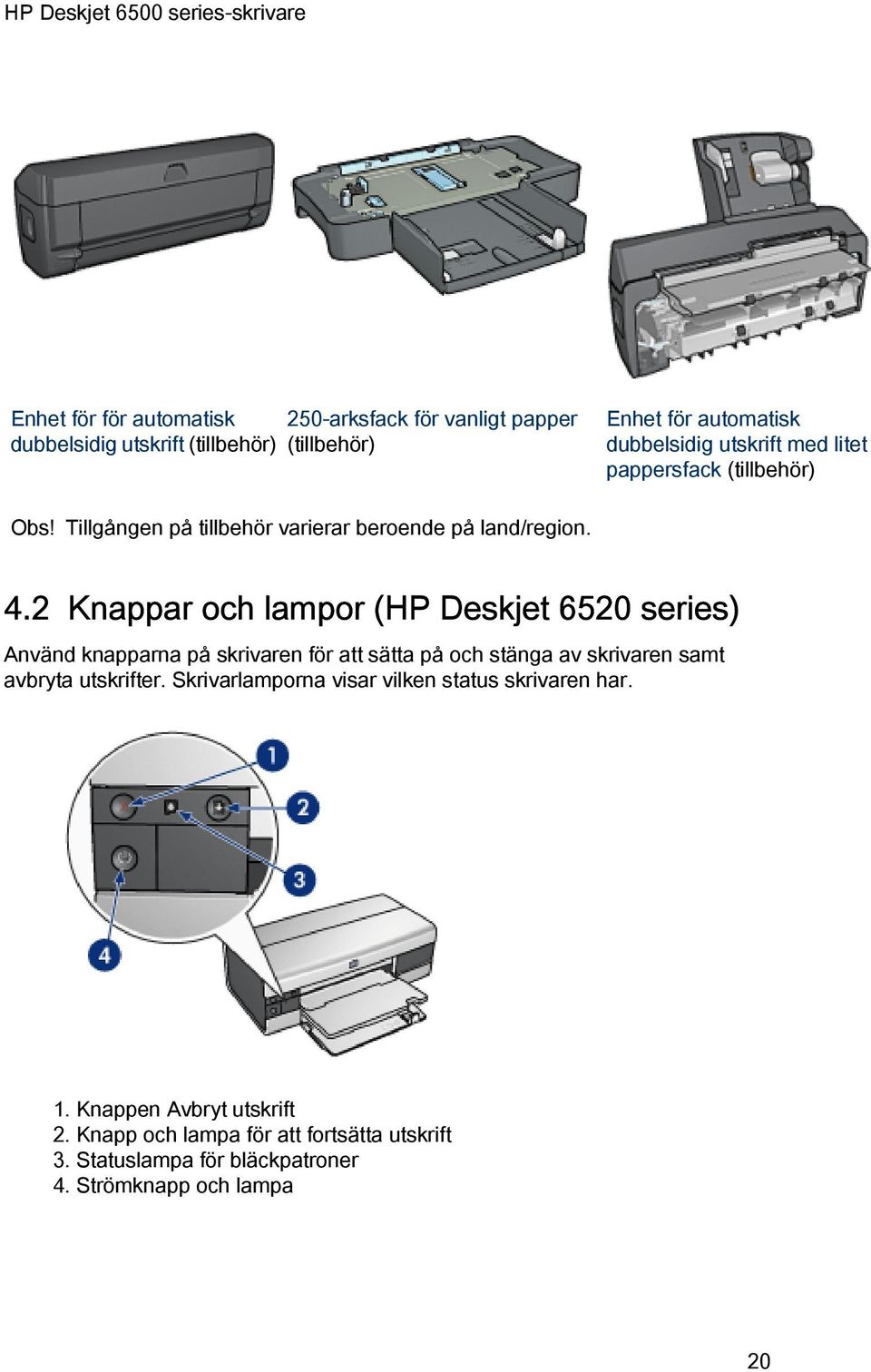 2 Knappar och lampor (HP Deskjet 6520 series) Använd knapparna på skrivaren för att sätta på och stänga av skrivaren samt avbryta utskrifter.