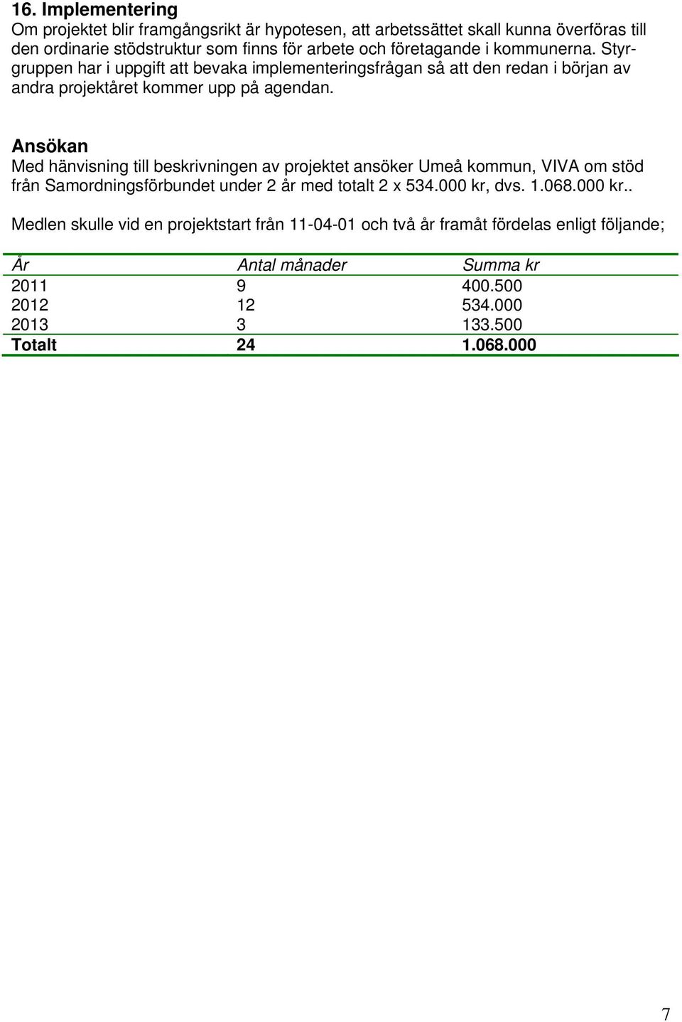 Ansökan Med hänvisning till beskrivningen av projektet ansöker Umeå kommun, VIVA om stöd från Samordningsförbundet under 2 år med totalt 2 x 534.000 kr, dvs. 1.068.