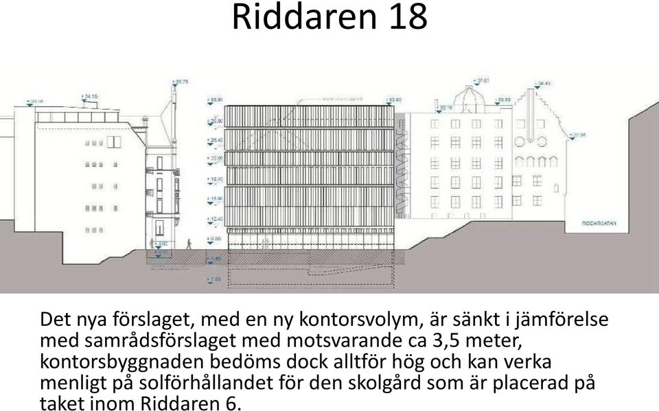 med motsvarande ca 3,5 meter, kontorsbyggnaden bedöms dock alltför hög och kan