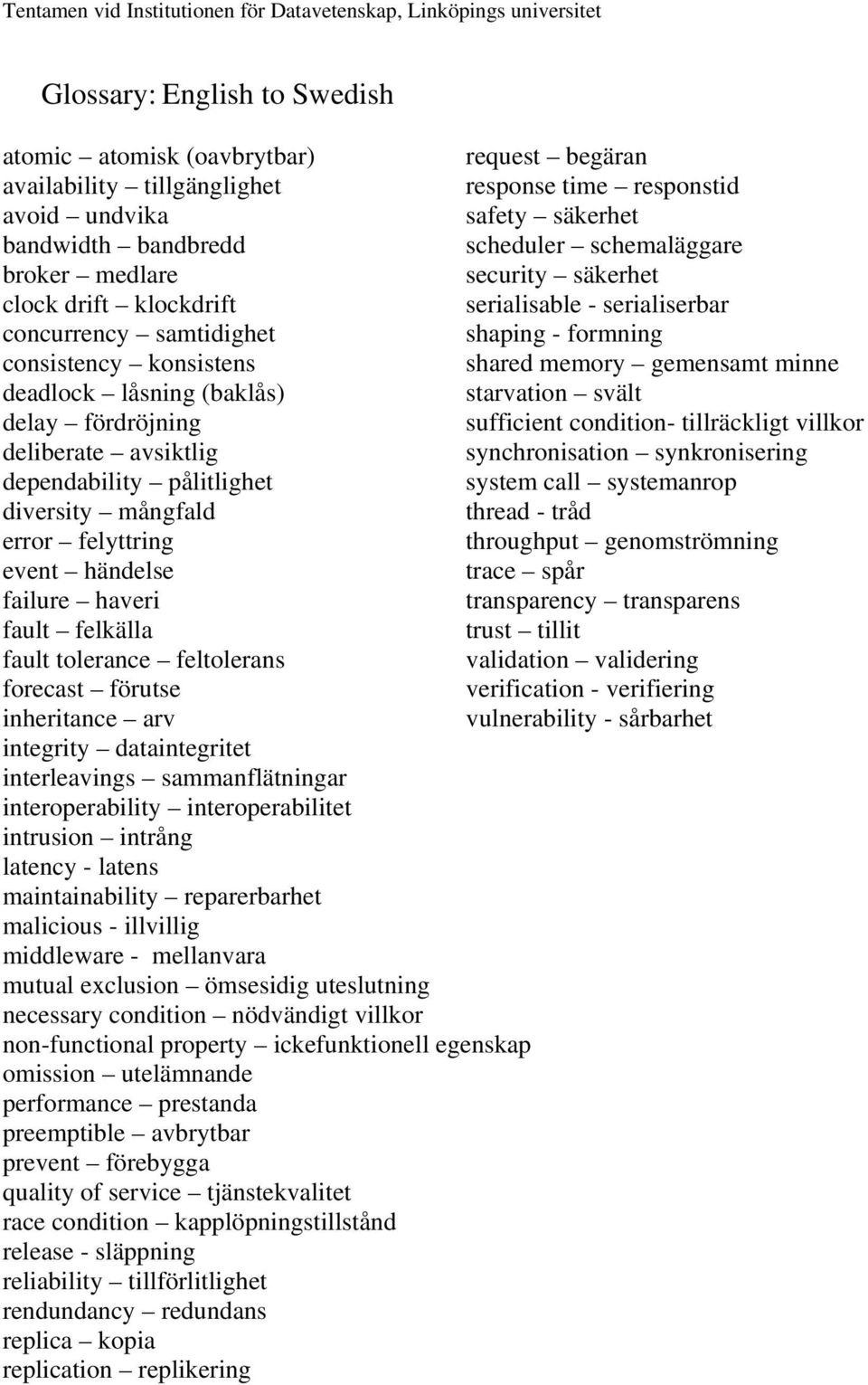 (baklås) starvation svält delay fördröjning sufficient condition- tillräckligt villkor deliberate avsiktlig synchronisation synkronisering dependability pålitlighet system call systemanrop diversity