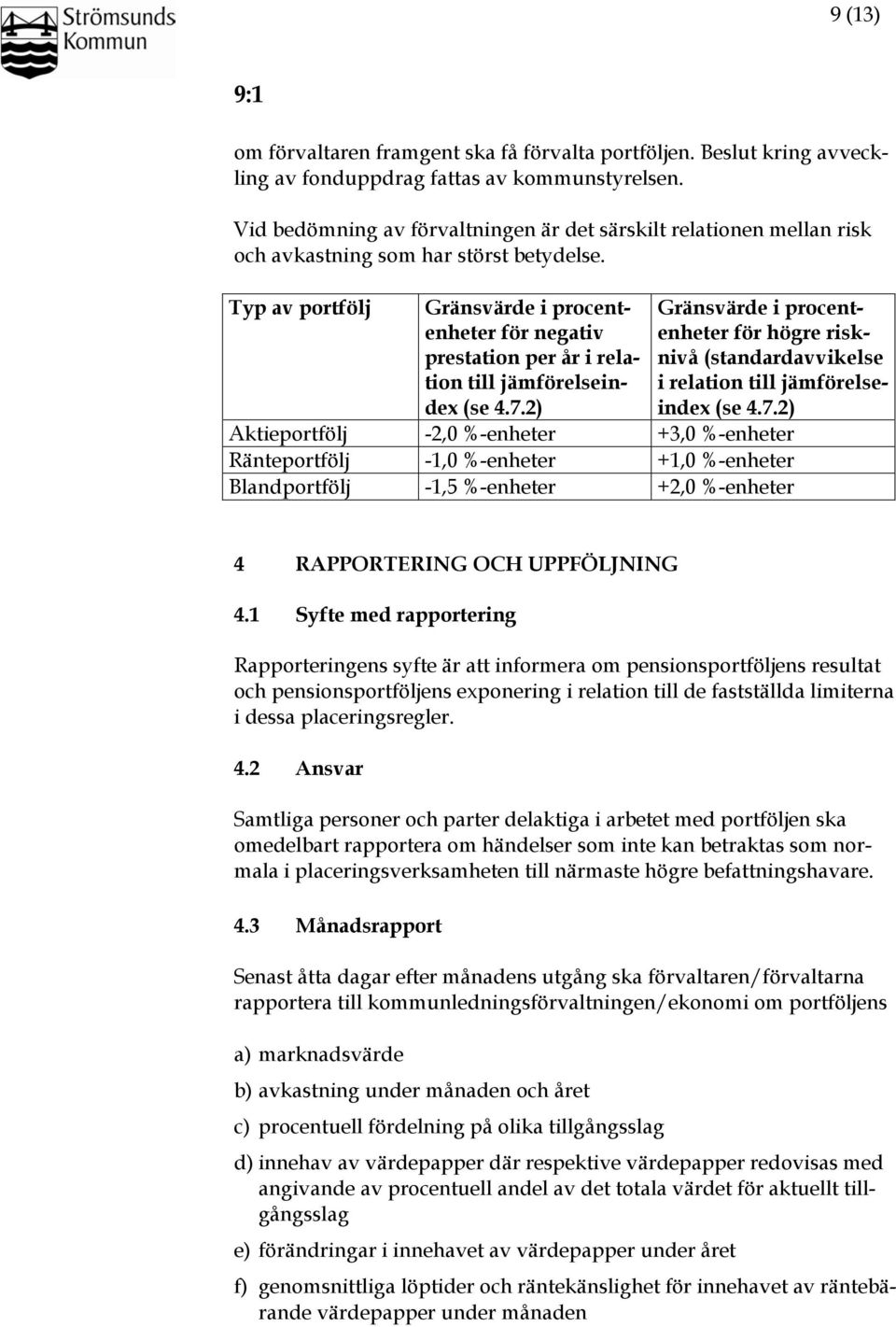 Typ av portfölj Gränsvärde i procentenheter för negativ prestation per år i relation till jämförelseindex (se 4.7.