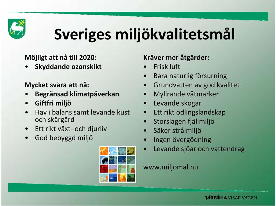 Kräver mer åtgärder: Frisk luft Bara naturlig försurning Grundvatten av god kvalitet Myllrande våtmarker Levande