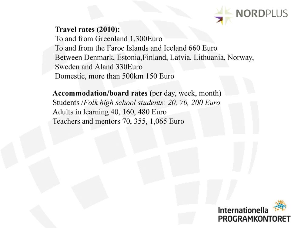 more than 500km 150 Euro Accommodation/board rates (per day, week, month) Students /Folk high school