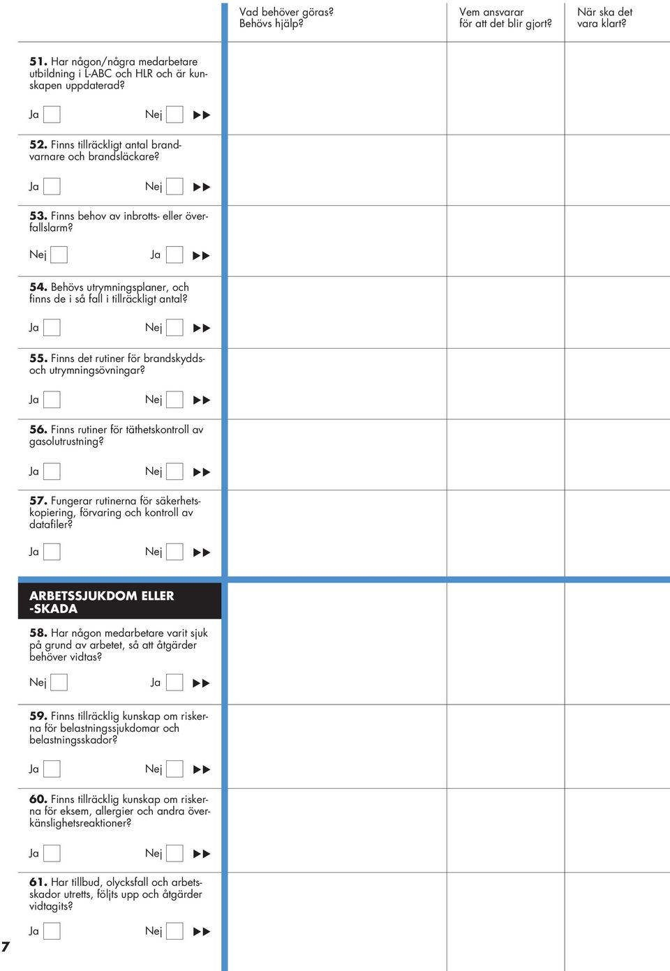 Fungerar rutinerna för säkerhetskopiering, förvaring och kontroll av datafiler? ARBETSSJUKDOM ELLER -SKADA 58. Har någon medarbetare varit sjuk på grund av arbetet, så att åtgärder behöver vidtas? 59.