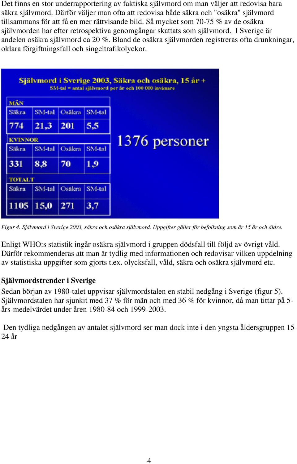 Så mycket som 70-75 % av de osäkra självmorden har efter retrospektiva genomgångar skattats som självmord. I Sverige är andelen osäkra självmord ca 20 %.