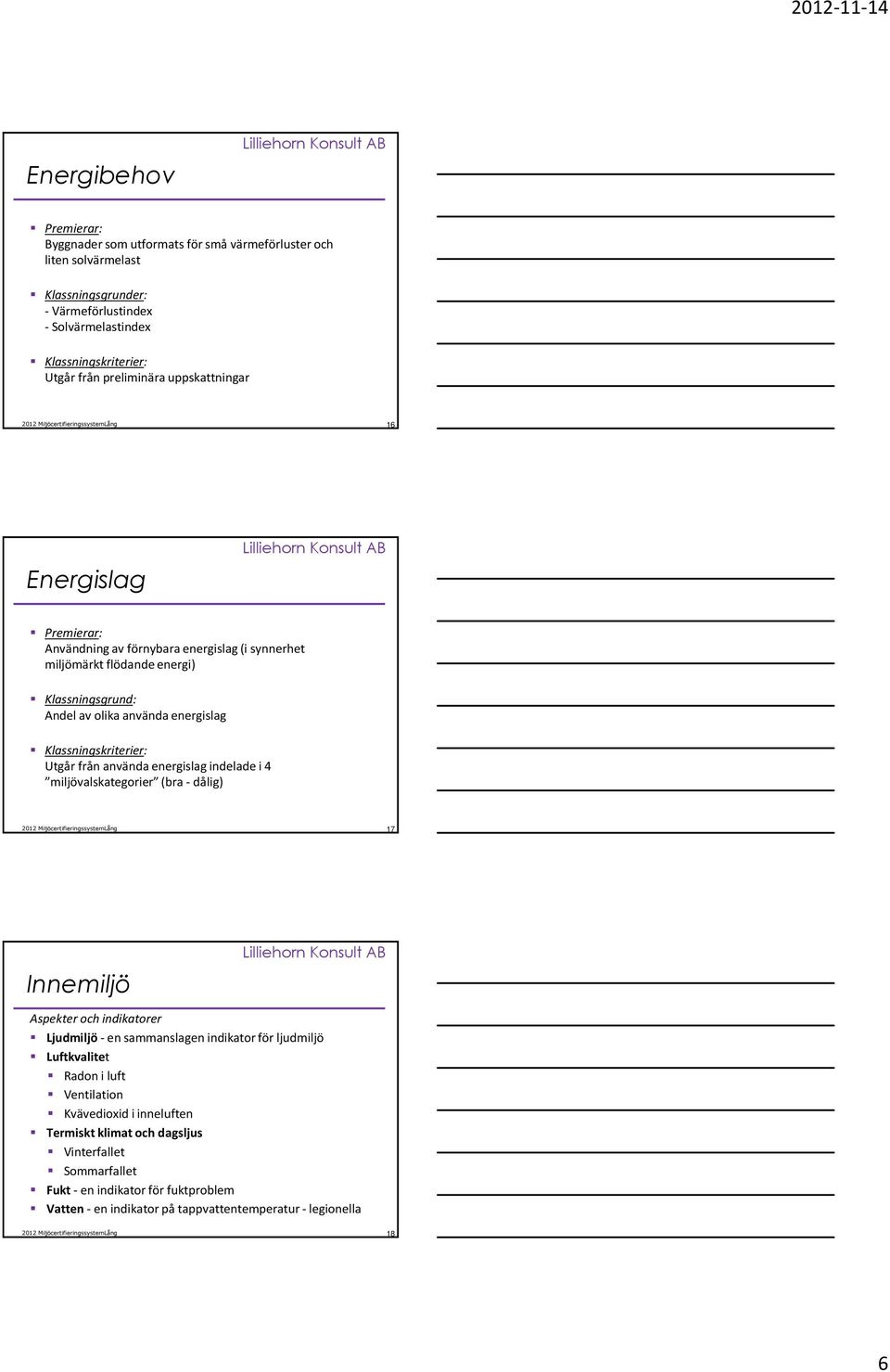 Klassningskriterier: Utgår från använda energislag indelade i 4 miljövalskategorier (bra - dålig) 17 Innemiljö Aspekter och indikatorer Ljudmiljö- en sammanslagen indikator för ljudmiljö