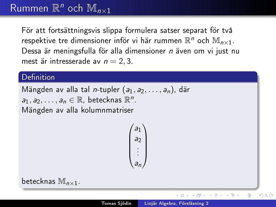 Dessa är meningsfulla för alla dimensioner n även om vi just nu mest är intresserade av n = 2, 3.