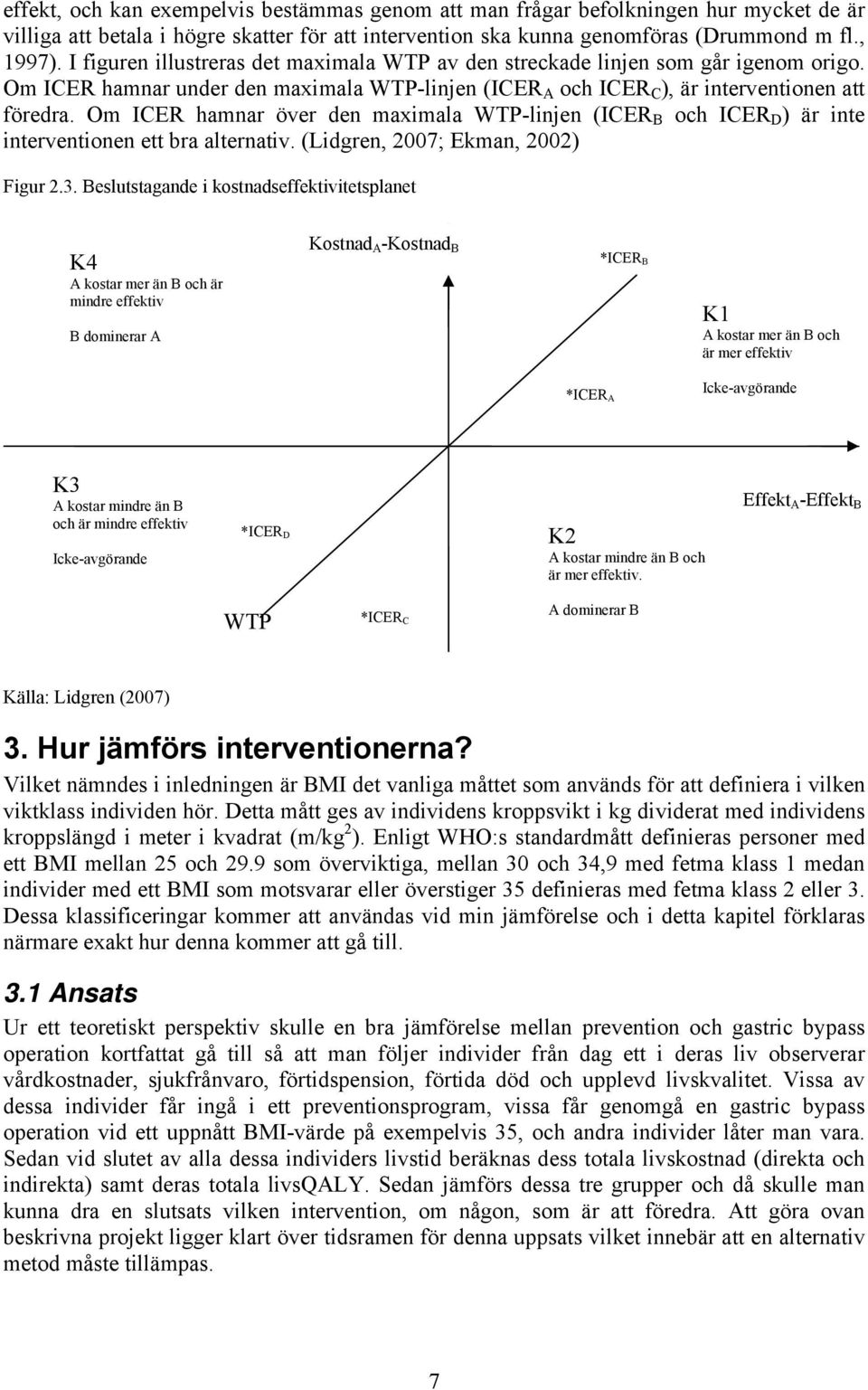 Om ICER hamnar över den maximala WTP-linjen (ICER B och ICER D ) är inte interventionen ett bra alternativ. (Lidgren, 2007; Ekman, 2002) Figur 2.3.