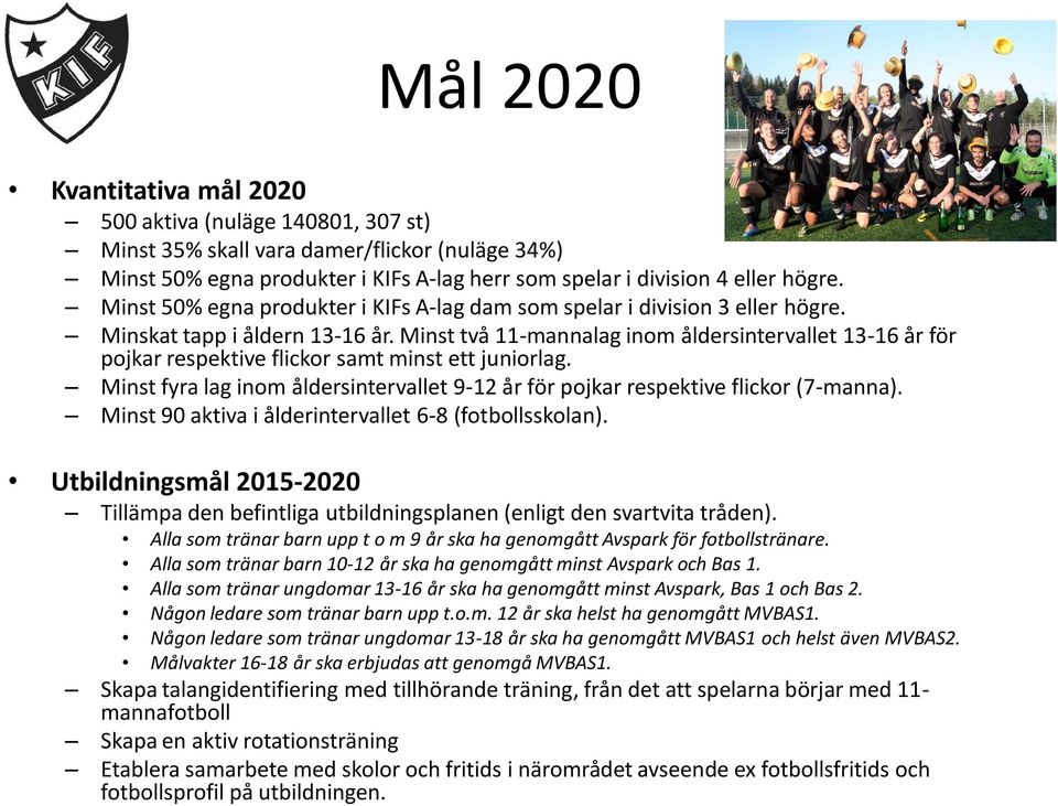 Minst två 11-mannalag inom åldersintervallet 13-16 år för pojkar respektive flickor samt minst ett juniorlag. Minst fyra lag inom åldersintervallet 9-12 år för pojkar respektive flickor (7-manna).