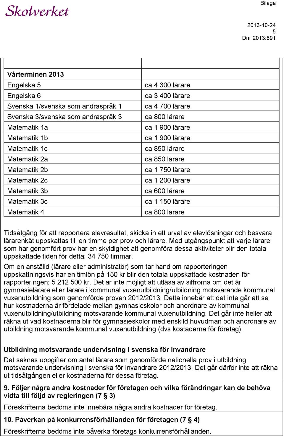 Tidsåtgång för att rapportera elevresultat, skicka in ett urval av elevlösningar och besvara lärarenkät uppskattas till en timme per prov och lärare.