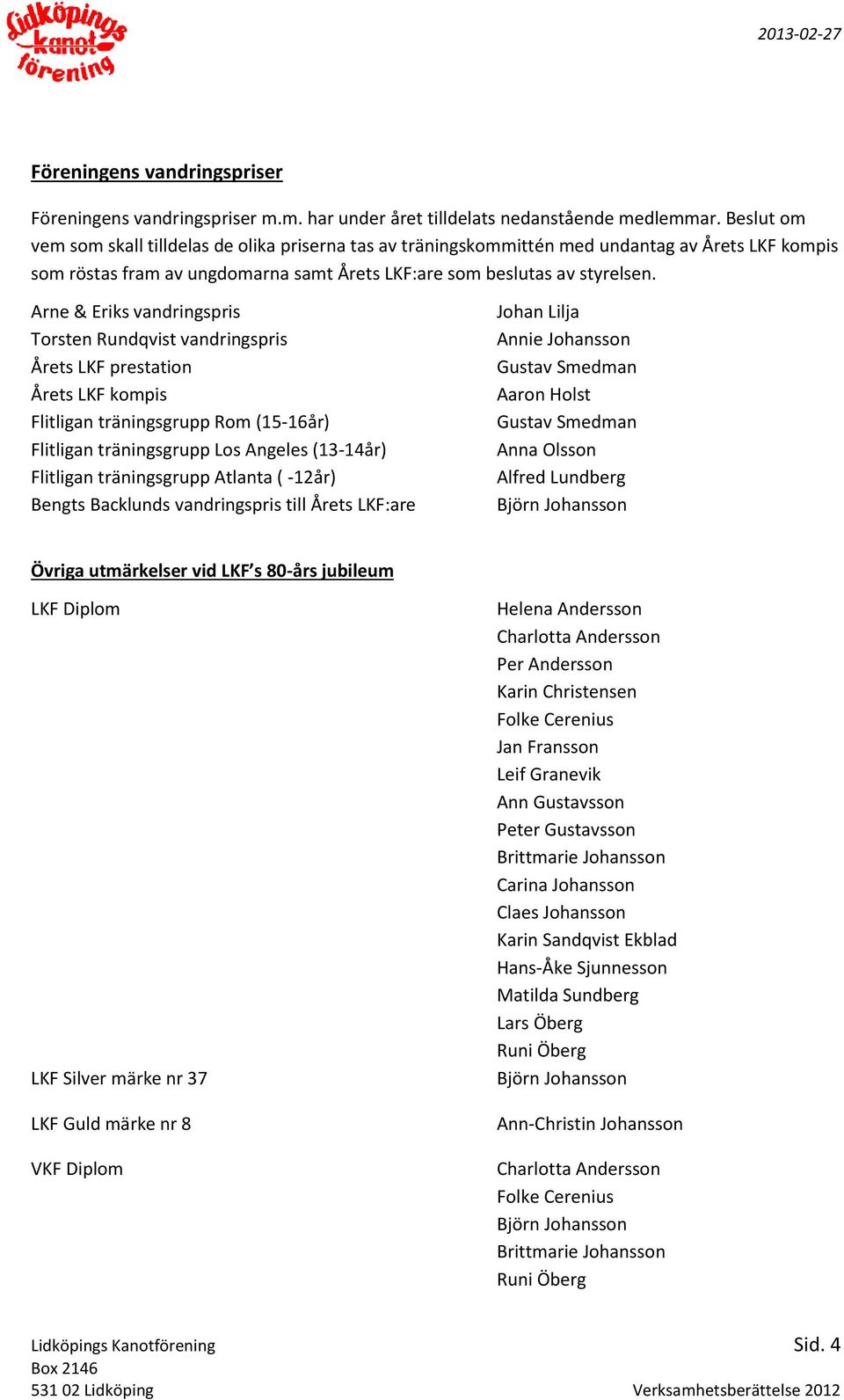 Arne & Eriks vandringspris Torsten Rundqvist vandringspris Årets LKF prestation Årets LKF kompis Flitligan träningsgrupp Rom (15-16år) Flitligan träningsgrupp Los Angeles (13-14år) Flitligan