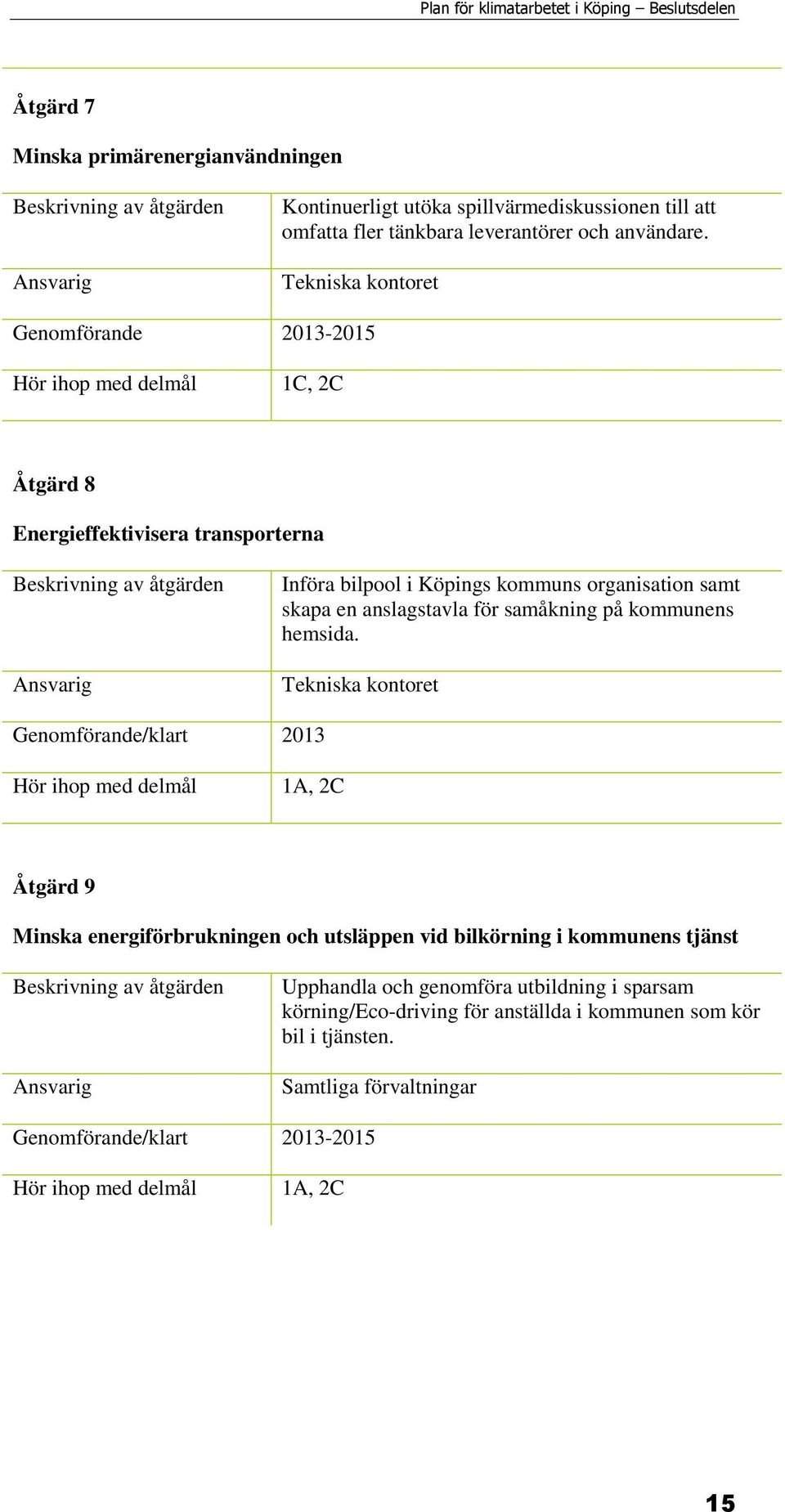Tekniska kontoret Genomförande 2013-2015 1C, 2C Åtgärd 8 Energieffektivisera transporterna Införa bilpool i Köpings kommuns organisation samt skapa en anslagstavla för