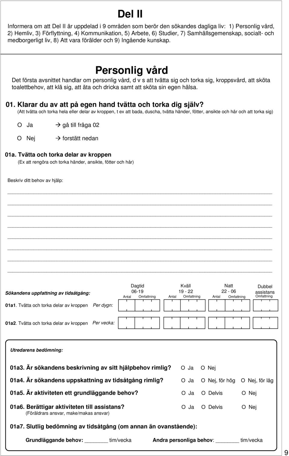 Personlig vård Det första avsnittet handlar om personlig vård, d v s att tvätta sig och torka sig, kroppsvård, att sköta toalettbehov, att klä sig, att äta och dricka samt att sköta sin egen hälsa.