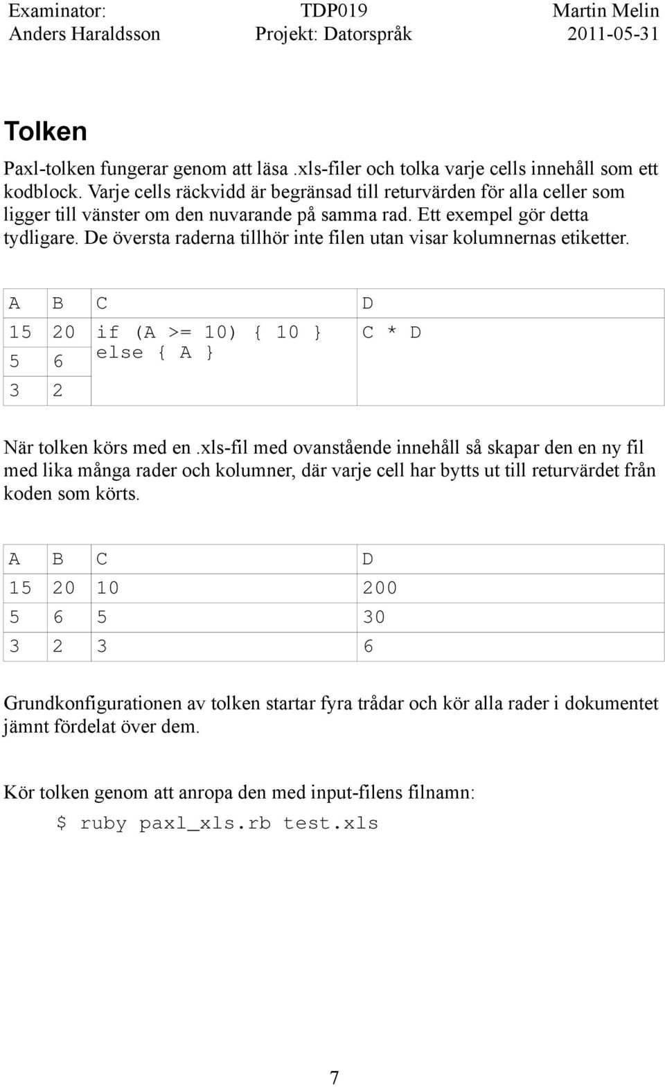De översta raderna tillhör inte filen utan visar kolumnernas etiketter. A B C D 15 20 if (A >= 10) { 10 } C * D 5 6 else { A } 3 2 När tolken körs med en.
