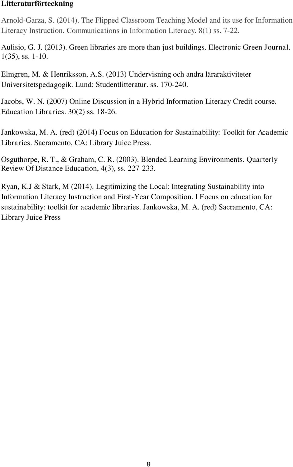 Lund: Studentlitteratur. ss. 170-240. Jacobs, W. N. (2007) Online Discussion in a Hybrid Information Literacy Credit course. Education Libraries. 30(2) ss. 18-26. Jankowska, M. A.