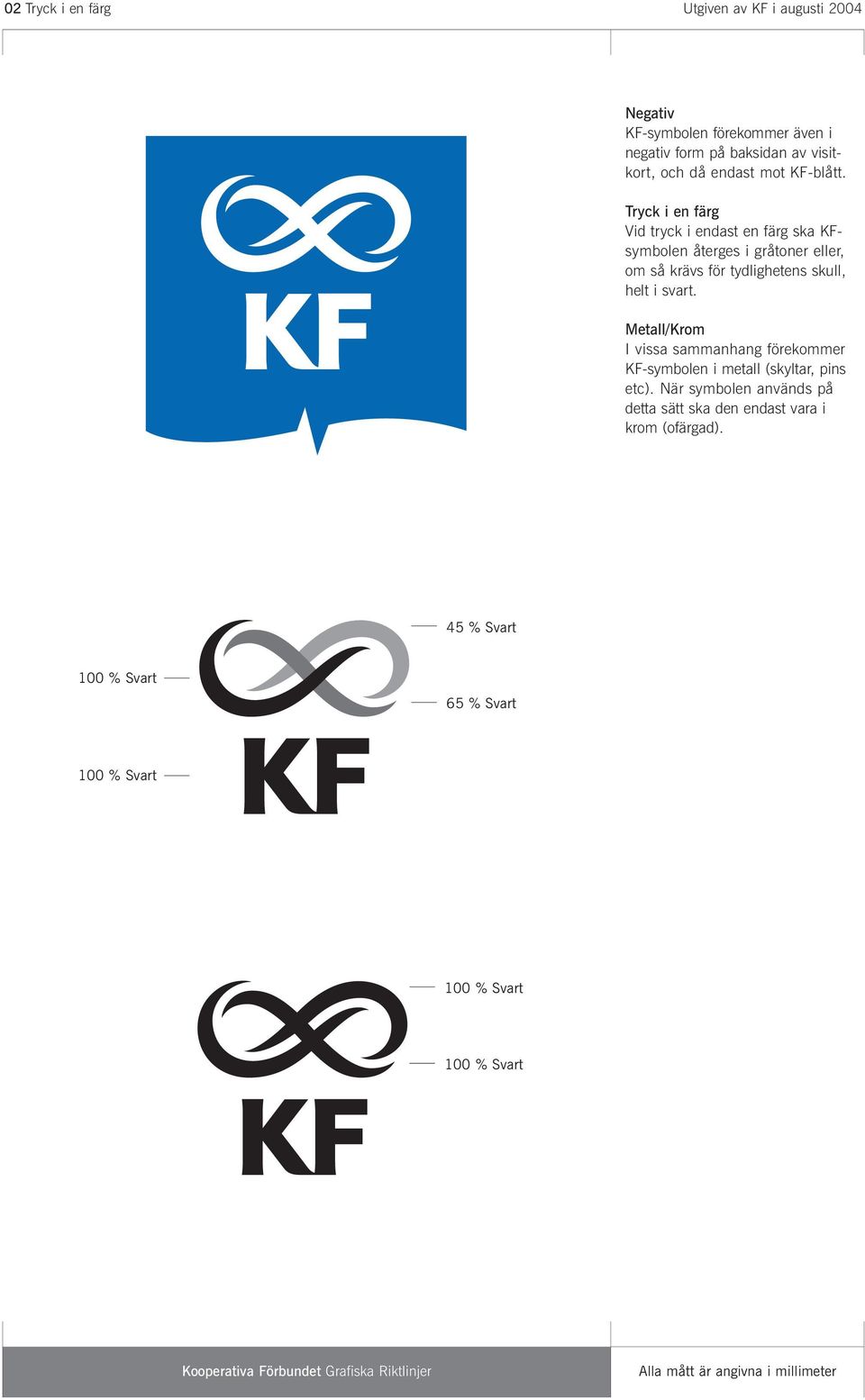 Tryck i en färg Vid tryck i endast en färg ska KFsymbolen återges i gråtoner eller, om så krävs för tydlighetens skull,