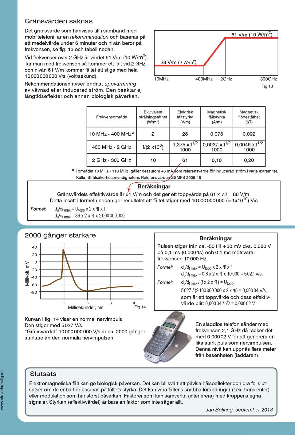 Tar man med frekvensen så kommer ett fält vid 2 GHz och nivån 61 V/m kommer fältet att stiga med hela 10 000 000 000 V/s (volt/sekund).