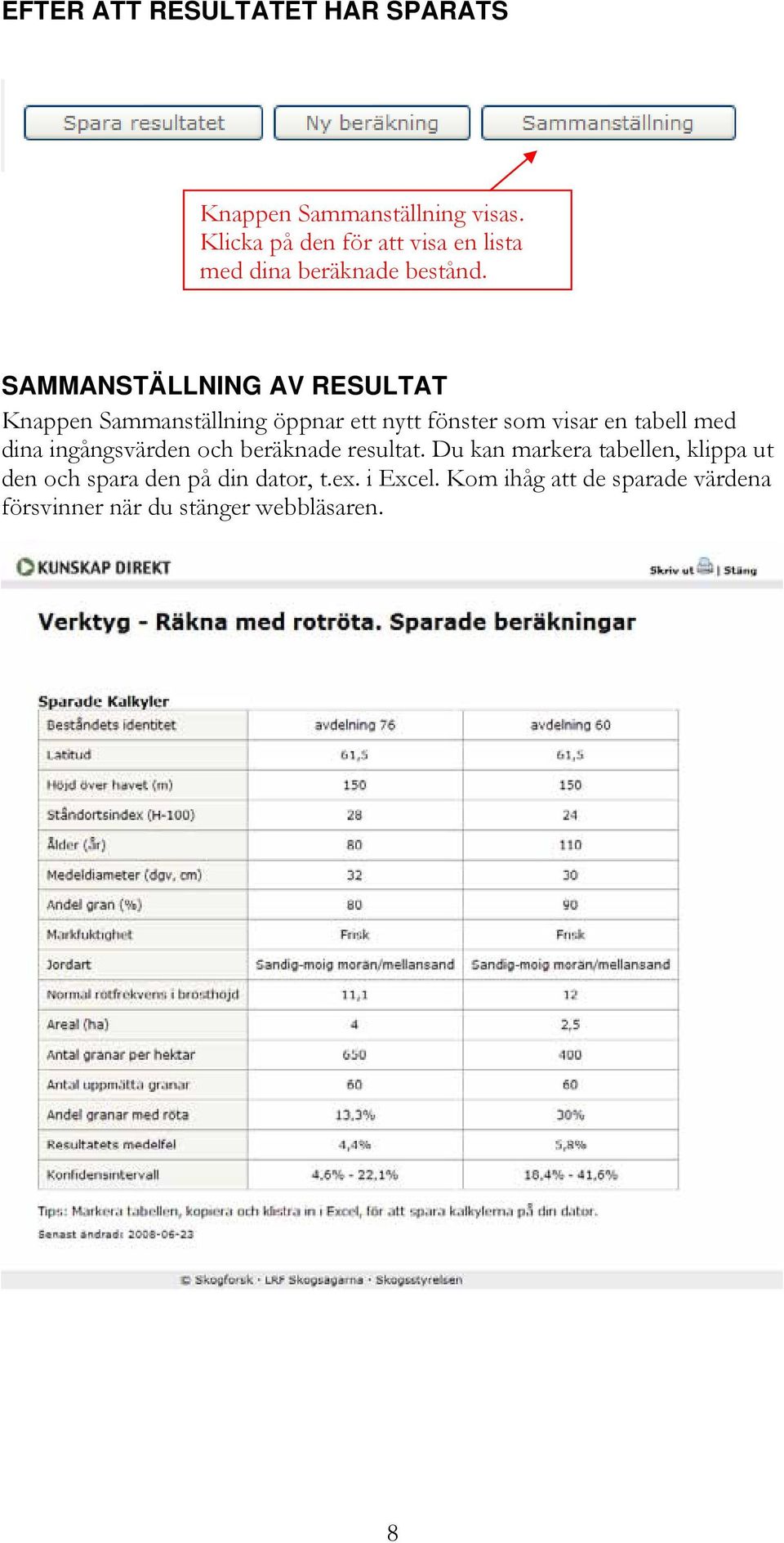 SAMMANSTÄLLNING AV RESULTAT Knappen Sammanställning öppnar ett nytt fönster som visar en tabell med dina