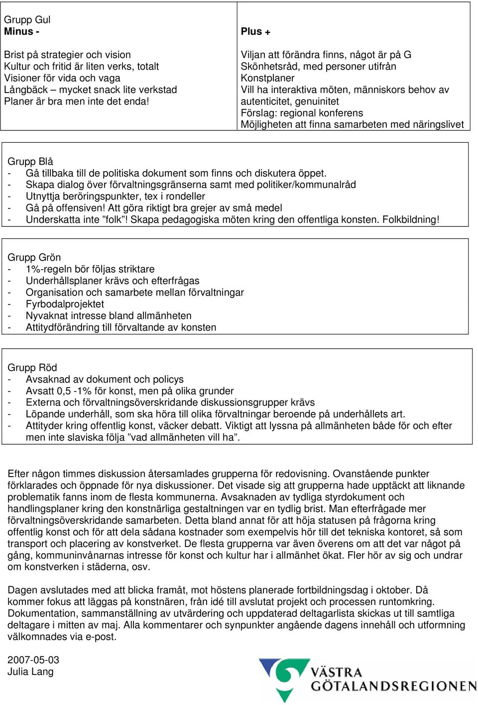 Möjligheten att finna samarbeten med näringslivet Grupp Blå - Gå tillbaka till de politiska dokument som finns och diskutera öppet.